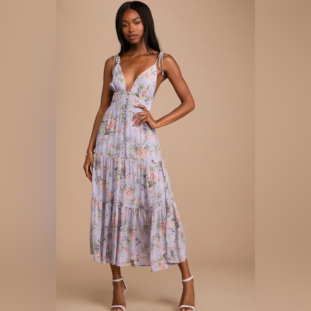 Lulu’s Everlasting Sight Lavender Floral Print Tie-Strap Midi Dress - Size XS